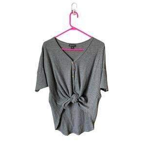 Eddie Bauer Button Down Tie Knot Front Short Sleeved Gray Blouse Sz M Casual